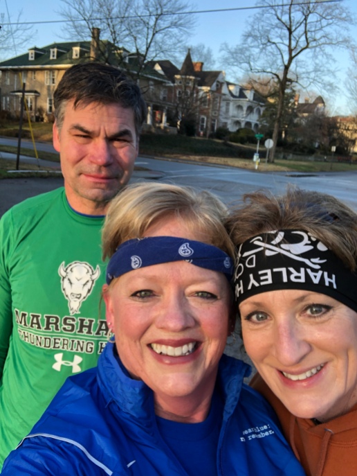 Dave Mers, US Army 1986 to 1990; Sandy Mers, Coordinator of the Ashland community of wear blue: run to remember community, a Beth Cline participate in the first wear blue: run to remember event of the Ashland community.